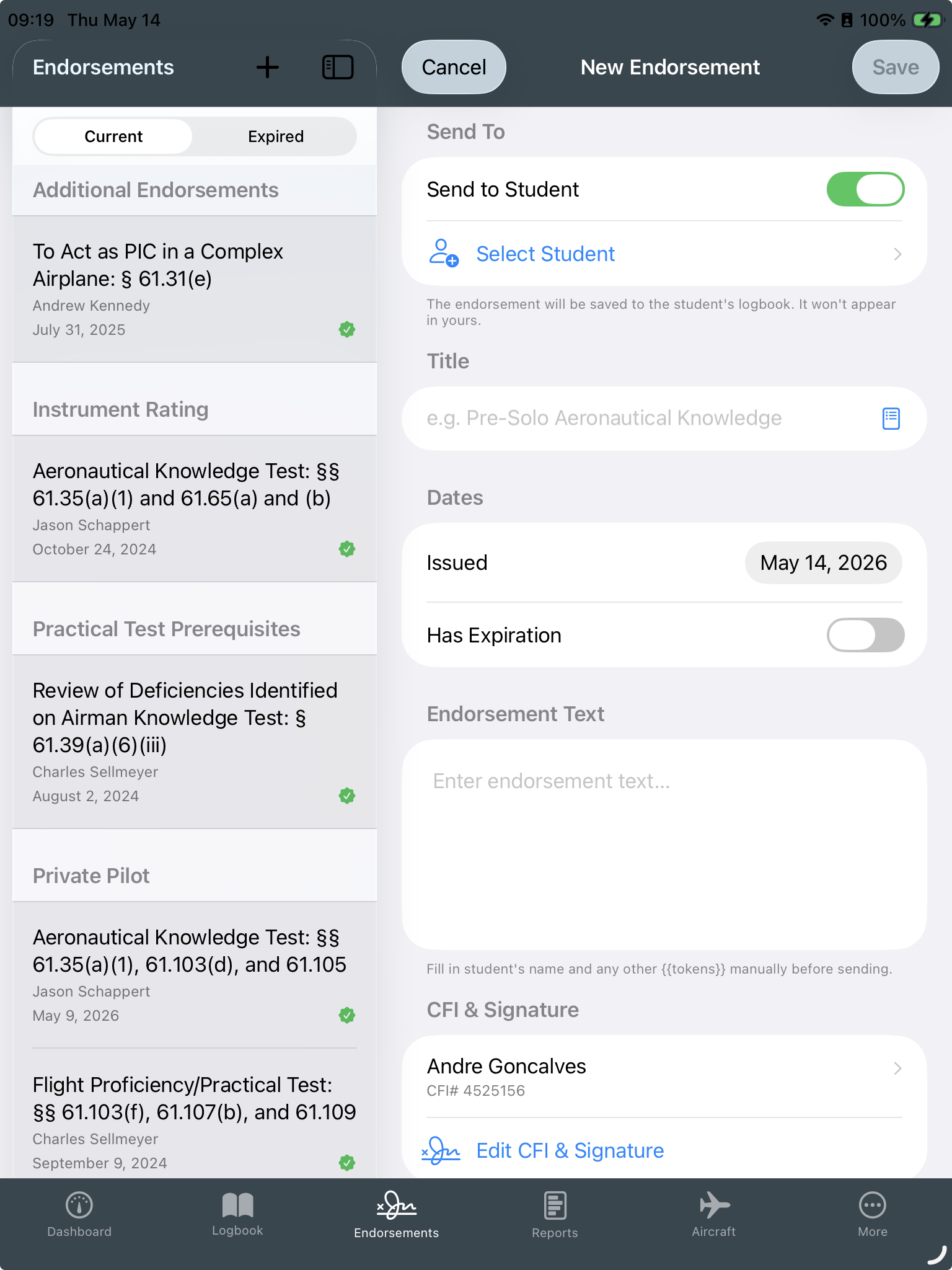 Smart Logbook Pro — endorsement detail view