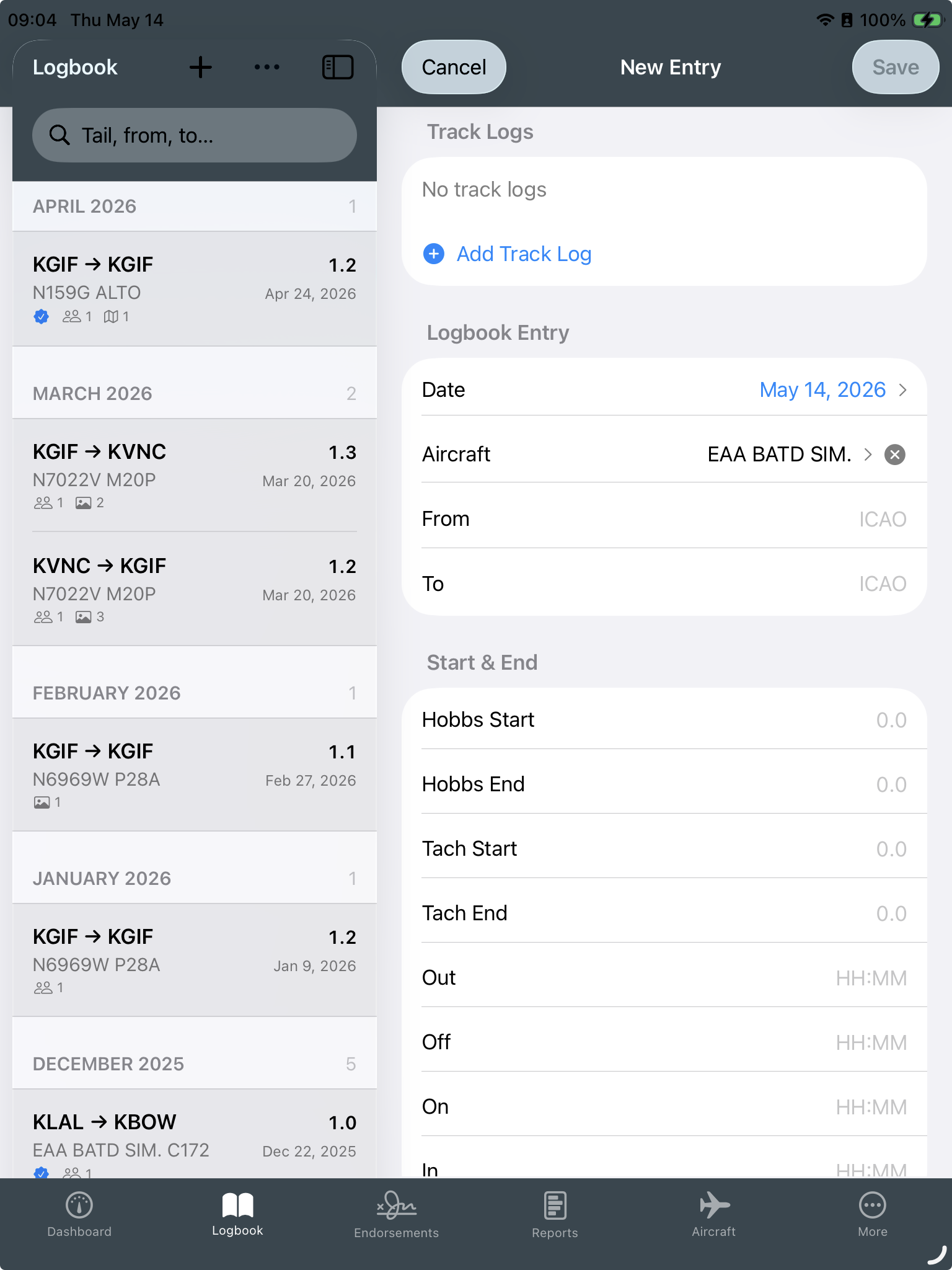 Smart Logbook Pro — new flight entry form
